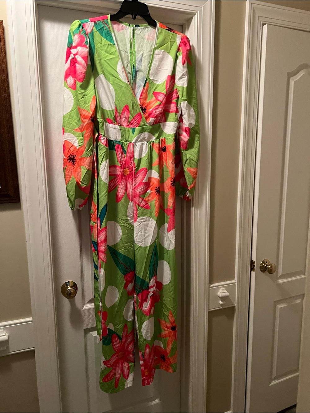 SHEIN Green Floral Long Jumpsuit with Pink & Orange Accents